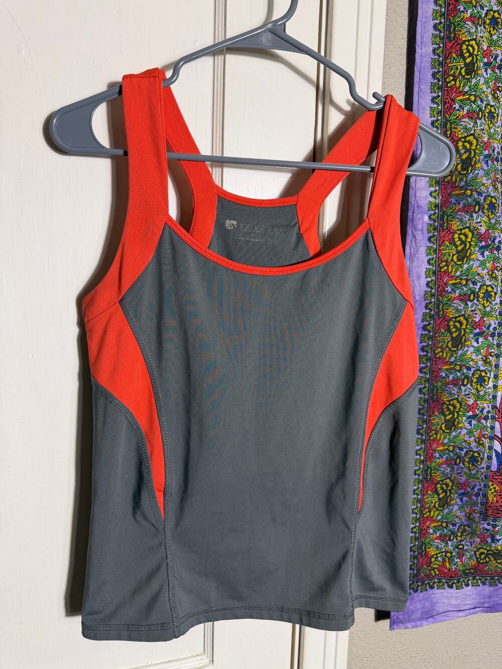 In Motion Athletic Tank Top Built In Bra Gray Red Racerback Workout - Medium